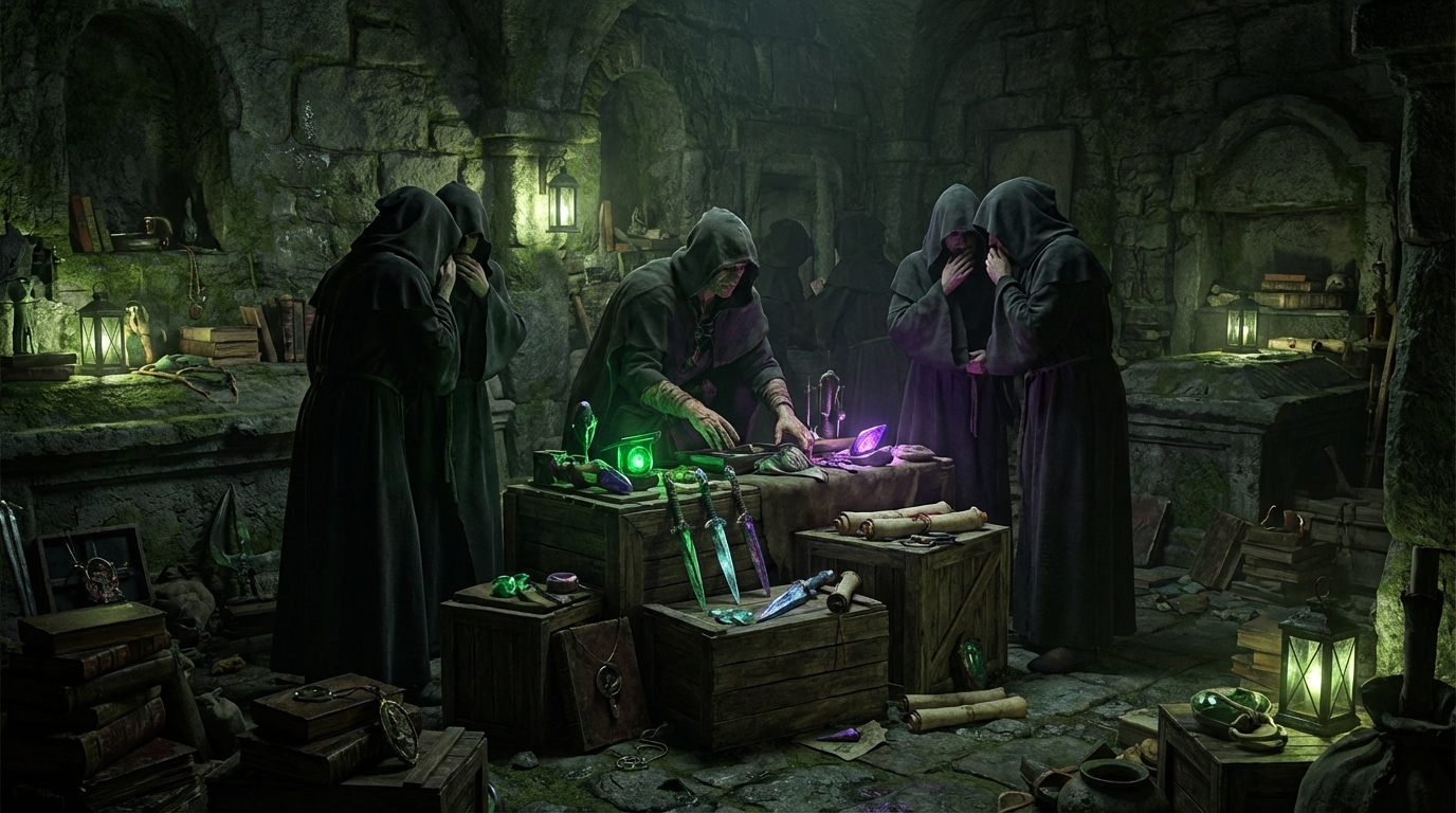 A dark alley in a fantasy city